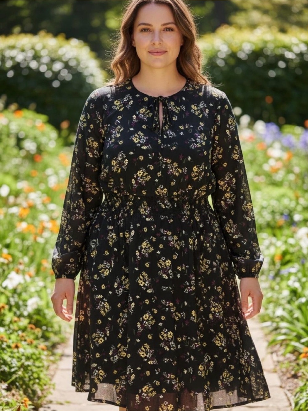 Torrid Size 1 Black Floral Tie-Neck Long Sleeve Dress